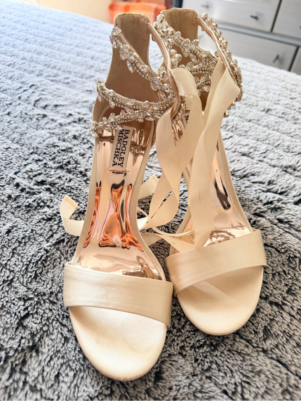 Badgley Mischka Ivory Satin Crystal-Ankle Tie Block Heels - Picture 9 of 11